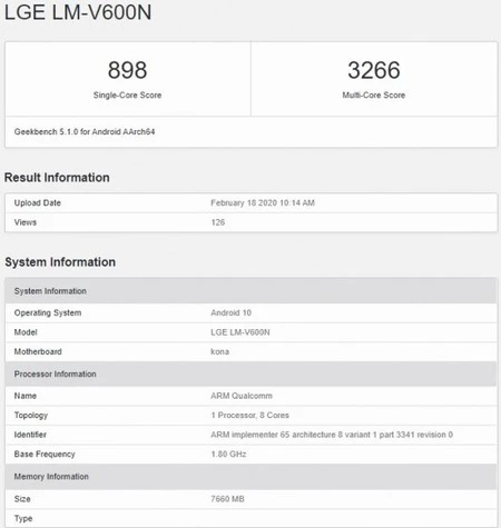 LG V60 ThinQ 5G の Geekbench データが流出