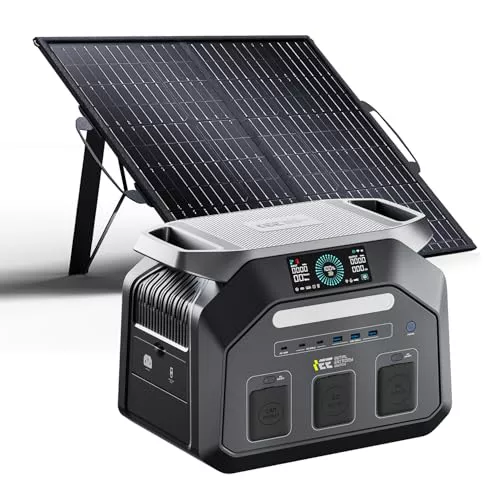 IEE 1800W Estación de Energía Portátil P1800 con 1 Panel 100W, Generador Solar 1024Wh, Batería LiFePO4, Carga Rápida 80% en 45min, APP, Power Station para Camping/Caravana/Emergencias