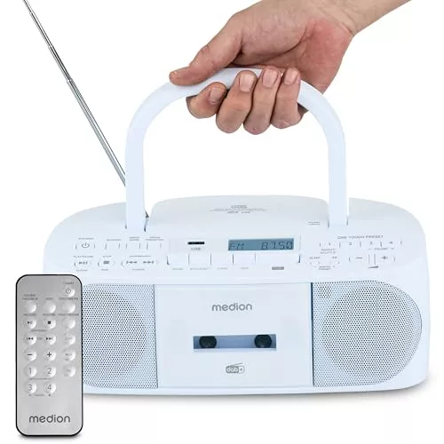 MEDION DRX-1 Plus Boombox (Radio portátil Dab+ y FM, Bluetooth, Reproductor de CD, MP3, Casete, Salida Auriculares, estéreo, AUX, Corriente y Pilas) Azul