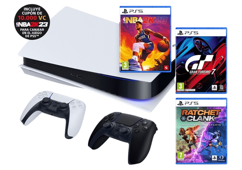 Consola - Sony PS5 Stand B, 825GB, Blanco + 2 Mandos DualSense™ + NBA 2K23 + Gran Turismo 7 + Ratchet & Clank + Tarjeta de 10.000 VC para NBA 2K23