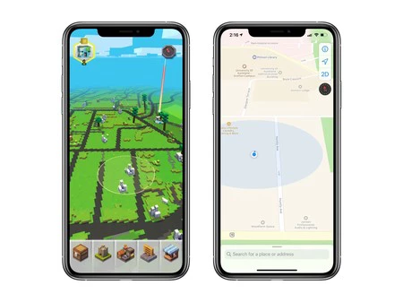 Minecraft Earth と Apple Maps のオークランド (ニュージーランド) の市街地図。