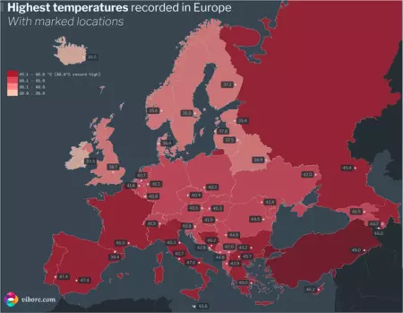 Europe high temperatures map.