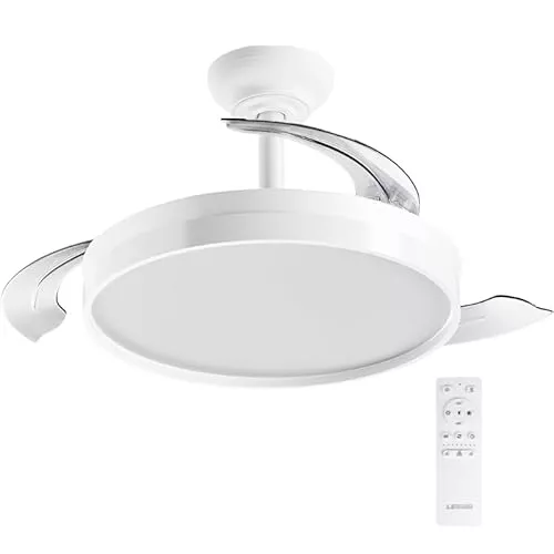 LEDUNI Ventilador de techo color Blanco 72W 7590lm,Aspas retráctiles,Motor DC 30W, Luz LED 42W Regulable en intensidad y color (tonalidad) Mando a distancia Controlador incorporado