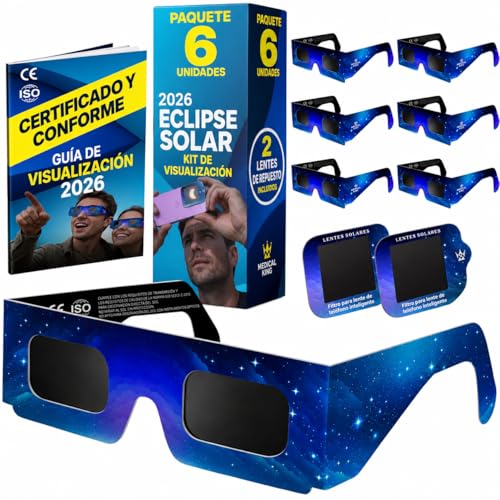 6 Gafas Eclipse Solar Homologadas ISO 12312-2 - Paquete de 6 Con 2 Lentes Fotográficos Para Smartphone