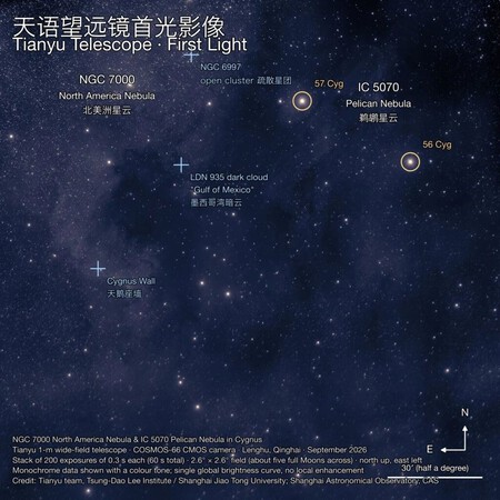 A primeira imagem de Tianyu abrange uma ampla região da constelação do Cisne, repleta de estrelas da Via Láctea | Imagem: Equipe Tianyu