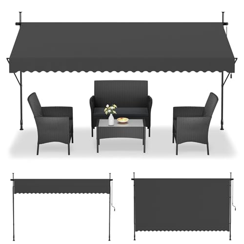 UISEBRT Toldo de sujeción con manivela de 300 cm de ancho, toldo para balcón sin agujeros, ajustable, protección UV, protección solar, resistente a la intemperie, gris oscuro (3 x 1,20 m, gris oscuro)