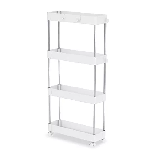 Carrito Organizador con Ruedas Giratorias de 4 Alturas Estrecho - Carro Cocina, Baños, Garaje u Oficina - Carrito para Almacenamiento Móvil - Blanco - 40 x 13 x 85 cm - Aktual