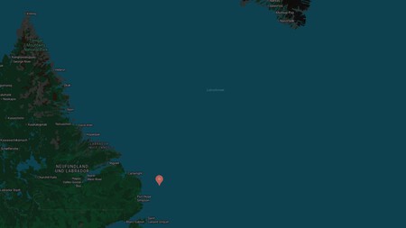 Marcador vermelho mostra proximidade do naufrágio do Quest à costa canadense. Visível na imagem acima, ligeiramente à direita, está a ponta sul da Groenlândia | Imagem: Google Maps
