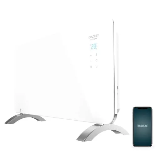 Cecotec Radiador Eléctrico Bajo Consumo Ready Warm 6700 Crystal Connection. Wifi, 1500 W, Termostato Regulable, Temporizador, Soporte de pie, Protección sobrecalentamiento, Blanco