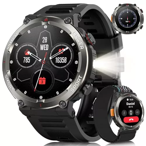 Yxtel Reloj Inteligente Hombre Militar, 1.45" Smartwatch con Llamadas Bluetooth, 960mAh, Linterna LED, Brújula, 123 Modos Deporte, Monitor Cardíaco 24h/SpO2/Sueño, IP68, 2 Correas (iOS/Android)