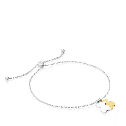 TOUS Pulsera de Plata de Primera Ley para Mujer con Doble Oso de 10mm en Plata y Baño en Oro y Cierre Deslizante, Colección Sweet Dolls