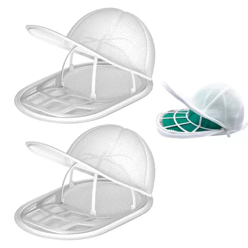 Pack de 2 Limpiador de Gorras para Lavadora y Lavavajillas, Protector de Gorras de Béisbol con Soporte Plegable, Jaula de Lavado para Gorras de Adultos y Niños, Blanco