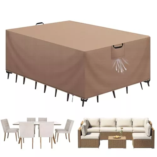 Aujink Funda Mesa Exterior Impermeable, Funda para Muebles de Jardín, Cubierta para Muebles de Jardin Tela Oxford 420D Anti Viento Anti UV Funda Protectora Mesa Exterior, Caqui,180x120x74cm