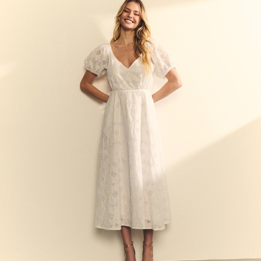 Vestido midi de manga corta de broderie floral Blanco Hannibal Laguna Collection

