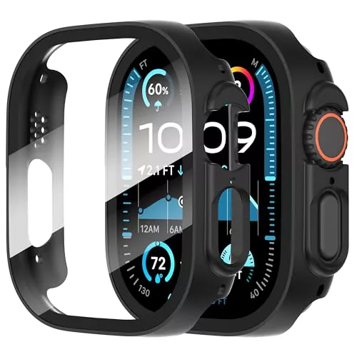 Diruite 2 Piezas Funda para Apple Watch Ultra/Ultra 2 49mm Protector Pantalla Cristal Templado Incorporado HD Protección Completa PC Dura Estuche Case,Negro,49mm