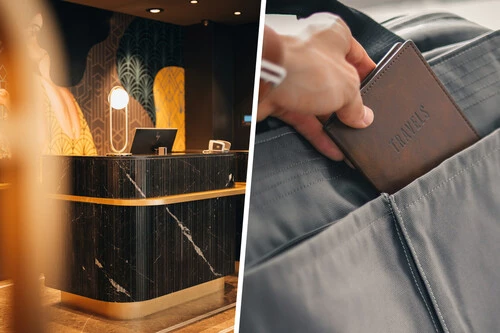 Composición con foto de la recepción de un hotel y foto detalle de una persona sacando una cartera de una mochila