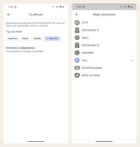 Capturas de pantalla mostrando cómo indicar el tipo de conector que usa nuestro coche eléctrico