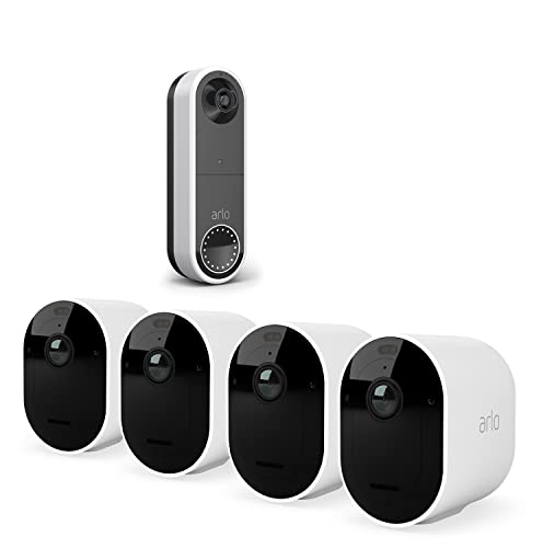 Arlo Pro4, 4 Camaras de Vigilancia Wi-Fi con Timbre con Video Inalambrico, Blanco, 90 Dias de Prueba Gratuita Arlo Secure