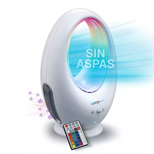 GALERIA DEL COLECCIONISTA Ventilador SIN ASPAS COLOR AIR: SEGURO, POTENTE. Flujo continuo, Sistema de purificación, Aromaterapia y Cromoterapia. Con Mando y Temporizador para Apagado automático
