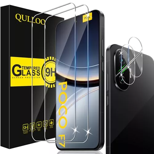 QULLOO Protector de Pantalla para Xiaomi Poco F7, 2 Piezas Cristal Templado y 2 Piezas Protector de Lente de Cámara, Dureza 9H Ultra Resistente Vidrio Templado