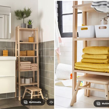 La estantería de abedul de Ikea que permite ganar metros y calidez en el baño 