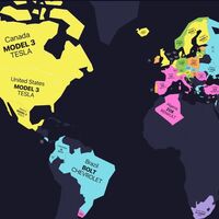 Este mapa nos muestra los coches eléctricos más vendidos en cada país, con el Tesla Model 3 triunfando