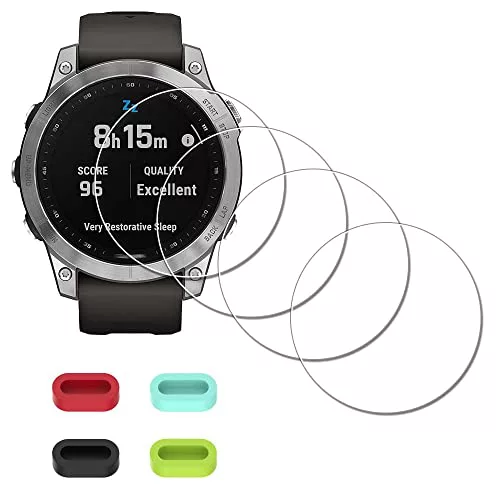 iDaPro Protector de pantalla Aplicable para Garmin Fenix 7 / fenix 7 Sapphire Solar cristal templado [4 unidades] + tapones de silicona antipolvo