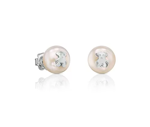 TOUS Pendientes de Plata de Primera Ley con Motivo de Oso y Perla 1cm, con Cierre de Presión, Elegante e atemporal, Colección Icon Pearl