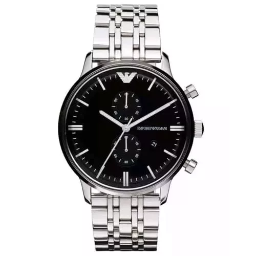 Emporio Armani Reloj Hombre, Movimiento cronógrafo de cuarzo, 43mm Plata / Acero Caja de acero inoxidable con una correa de acero inoxidable, AR0389, Tono plateado y negro