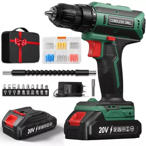 Taladro Atornillador Batería 20V, Taladro Bateria par Máximo 42Nm, Taladro Inalámbrico 2 Velocidades, Apto para Baterías Makita, 25+1 Niveles de Par, Batería 2000mAh, Portabrocas 10mm, Luces LED Verde