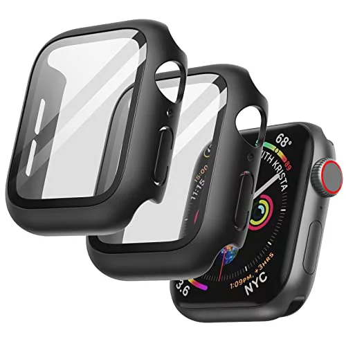 JETech Funda con Protector de Pantalla para Apple Watch SE 3/2/1 (2025/2022/2020) / Series 6 5 4 44mm, Cover Protectora Completo, Película Cristal Vidrio Templado, 2 Unidades (Negro)