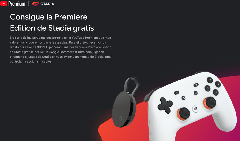 Google comienza a regalar en España el Chromecast Ultra y una suscripción a Stadia Premire a los usuarios de YouTube Premium
