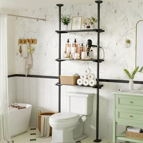 WELDUN Estantería de baño de 3 niveles, estantería de baño sobre el inodoro, ahorra espacio, 49-79 cm de ancho, 122-315 cm de altura, estantería para lavadora, organizador de baño, color negro