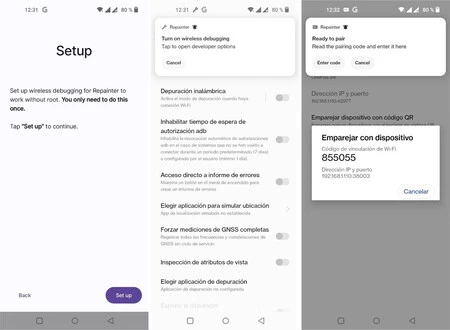 root を持たない場合、Repainter はモバイル自体からワイヤレス ADB を使用しますが、設定プロセスはガイドされます。