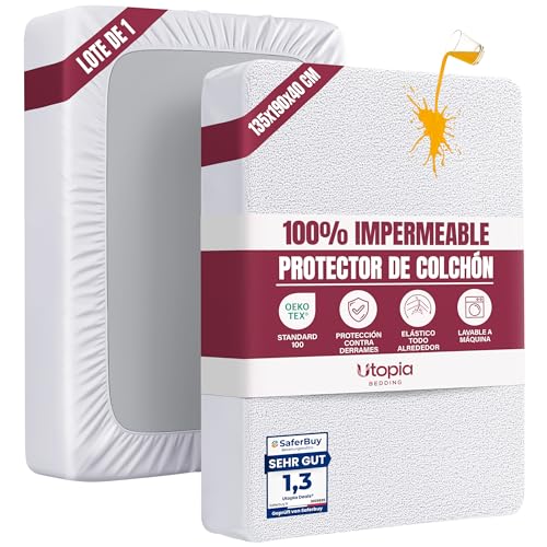 Utopia Bedding Protector Colchón 135 x 190 x 40 cm Impermeable, Certificación Oeko-Tex Funda Colchón, Cubre Colchón Transpirable, Elástico En Todo El Contorno