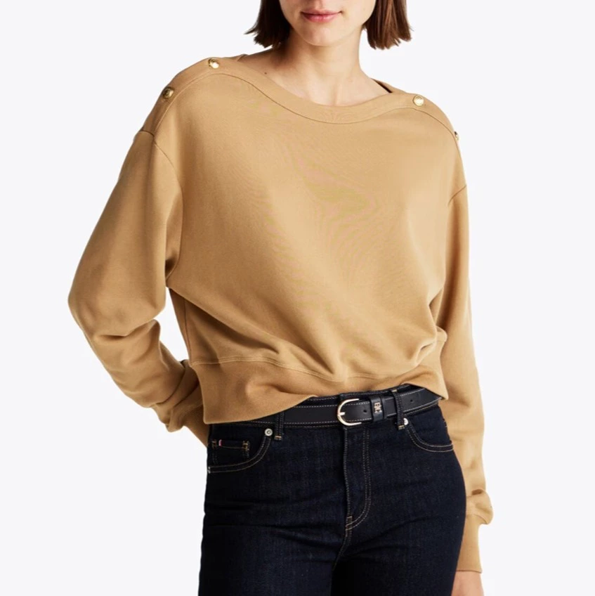 Tommy Hilfiger Sudadera de mujer sin capucha con botones dorados en los hombros