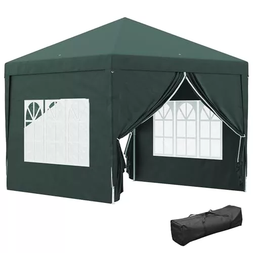 Outsunny Carpa Plegable Pop-up Gazebo 3x3 m Cenador Plegable con 4 Paredes Laterales Anti-UV y Bolsa de Transporte para Camping Fiestas Verde