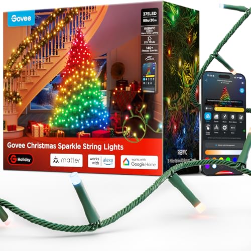 Govee Christmas Sparkle String Lights, Decoraciones Navideñas para Interiores, Luces RGBWIC de 30M con 375 LEDs, Más de 140 Modos de Escena, Control Inteligente por Aplicación con Alexa