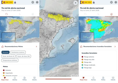 Pantallas de alertas en la app de Protección Civil