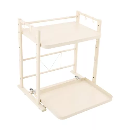 Owneed Estante para microondas de 2 niveles, altura ajustable y extraíble, con cajón, para encimera, estantería de panadería, organizador de cocina, con 4 ganchos, color blanco