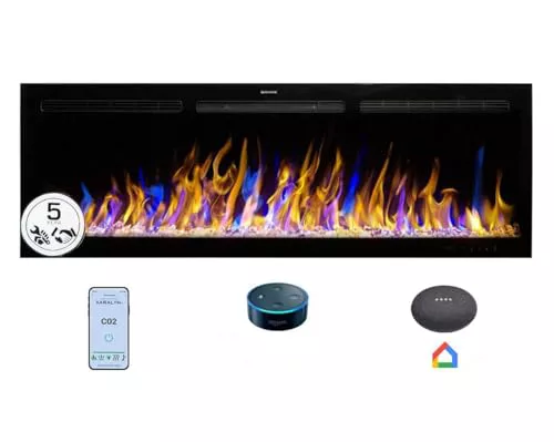 Mystflame Crystal 60 Pro con Wi-Fi - Chimenea Eléctrica de la Pared, 152.4 cm, Estufa con 3 Colores de Leños y Llamas, Smart Home Control a través de la Aplicación Móvil o Alexa