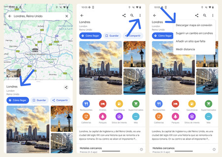 Capturas de pantalla mostrando los pasos a seguir para descargar mapas sin conexión en Google Maps