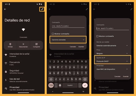 Capturas de pantalla mostrando los pasos a seguir para cambiar los DNS en Android