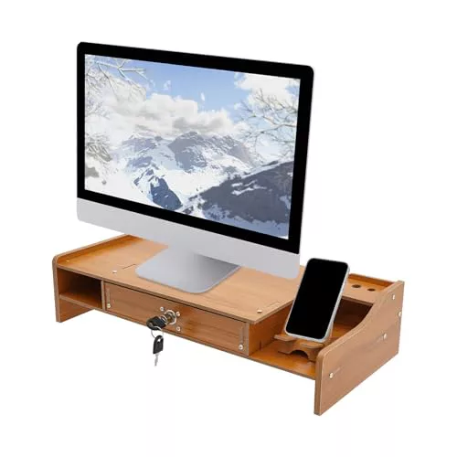 Malkoaswe Soporte vertical para monitor con cajón, soporte ergonómico para monitores de PC, portátiles e impresoras, soporte organizativo para puestos de trabajo