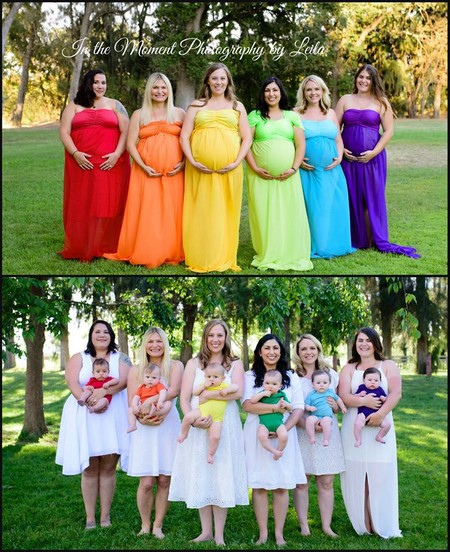 Seis mujeres unidas por el dolor de la pérdida posan con sus bebés arco iris