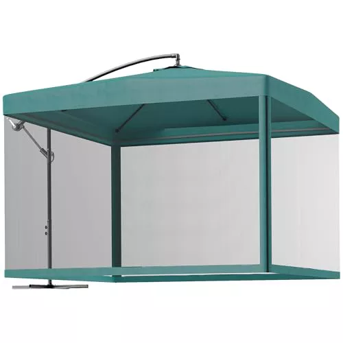 Outsunny Parasol Excéntrico Ø 295 cm Sombrilla de Jardín con Ángulo Ajustable Mosquiteras Base Cruzada y Manivela para Terraza Patio Exterior Verde Oscuro