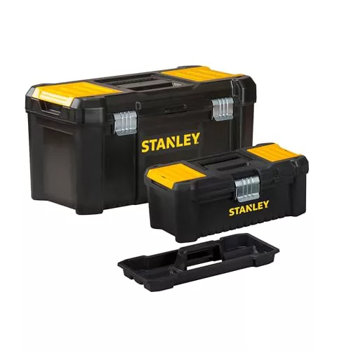 STANLEY STST1 - 75772, Bonus Pack 2 Cajas de herramientas de plástico 12.5"/32cm + 19"/48cm , Cierres de metal, Asa ergonómica, Organizadores integrados en las tapas