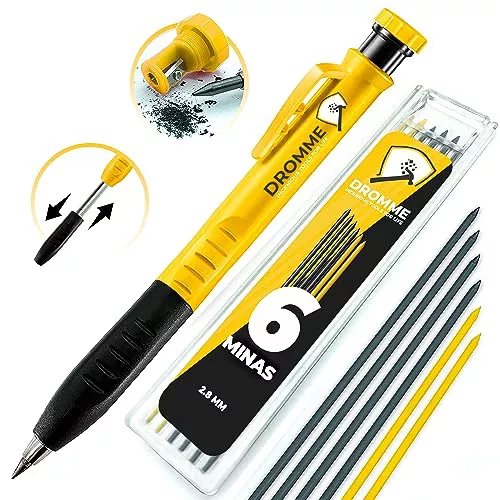 Dromme Lápiz Profesional para Carpinteros [Incluye 7 Minas + Sacapuntas] - Perfecto para Marcar en Todas las Superficies - Set de Lápices para Obras Fuertes y Prácticos