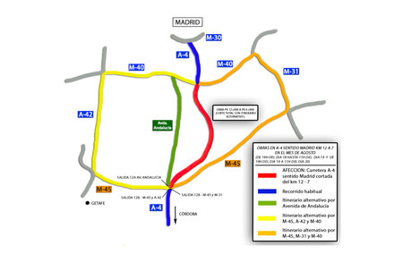 Rutas alternativas para los cortes de la Autovía A-4cortes, en Madrid.