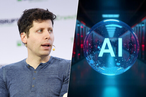 Sam Altman reconhece que há uma bolha da IA e isso dispara um alarme em investidores | Imagem: TechCrunch e Xataka com Freepik Pikaso